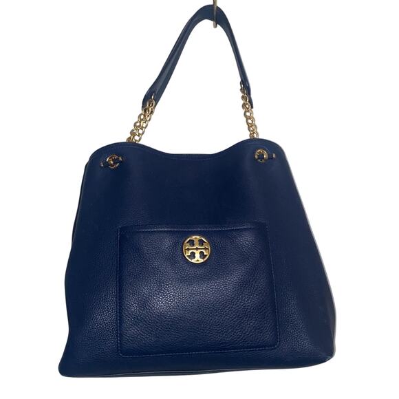 TORY BURCH CHELSEA SLOUCHY BLUE LEATHER TOTE - Picture 11 of 11